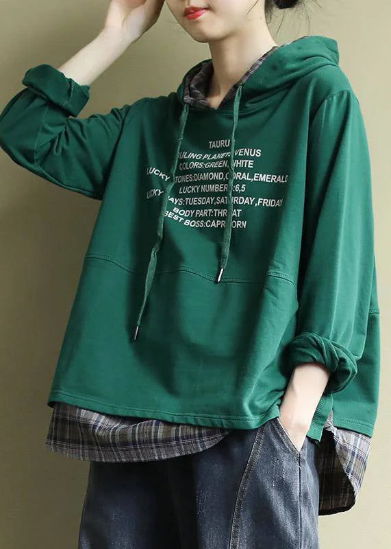 Band Merch SweatshirtsClassy Green Hooded drawstring Graphic Fake Two Piece Sweatshirts Top Spring