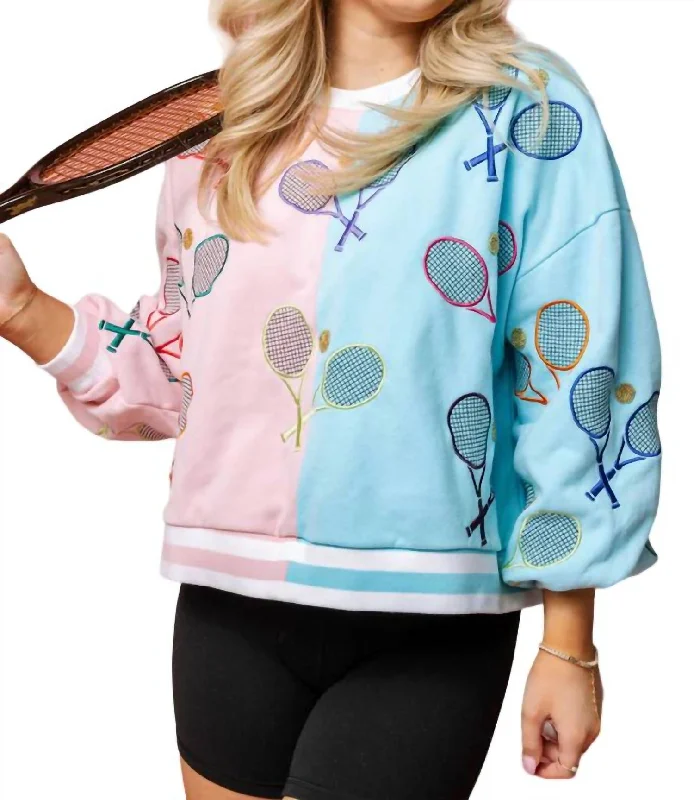 Sequined HoodiesColorblock Tennis Sweatshirt In Light Pink/blue