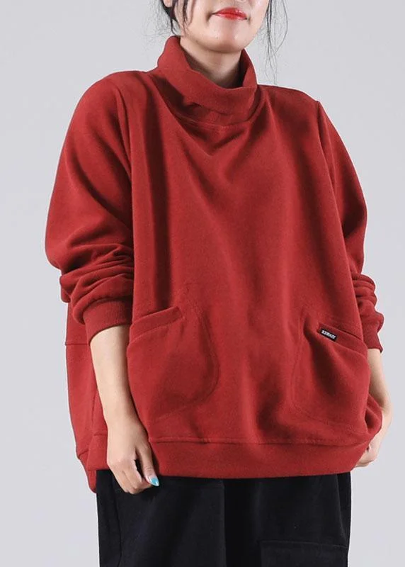 Ski Sweatshirtsdiy Red Turtle Neck Pockets Cotton Sweatshirt Street wear Winter