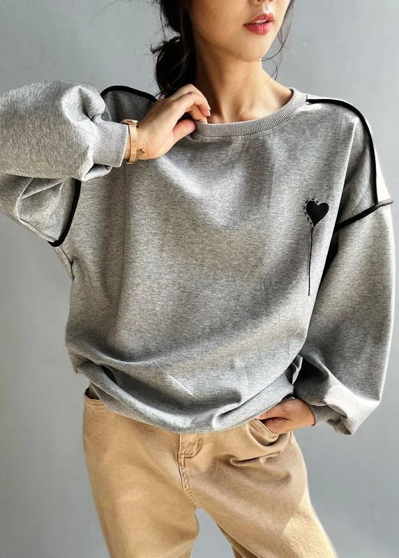 Pocketed HoodiesElegant Grey Loose Embroideried Patchwork Fall Sweatshirt Street Wear