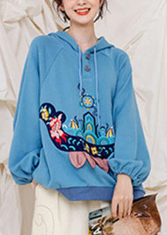 Sherpa-Lined HoodiesHandmade Light Blue drawstring Hooded Embroideried Warm Fleece Sweatshirts top Spring