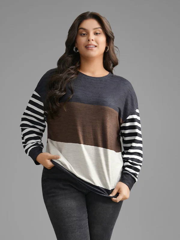 Ruffled SweatshirtsRound Neck Striped Patchwork Contrast Sweatshirt