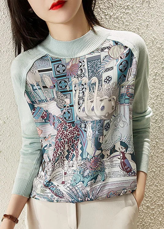 Pocketed HoodiesSlim Fit Blue O-Neck Print Chiffon Patchwork Knit Sweatshirt Long Sleeve