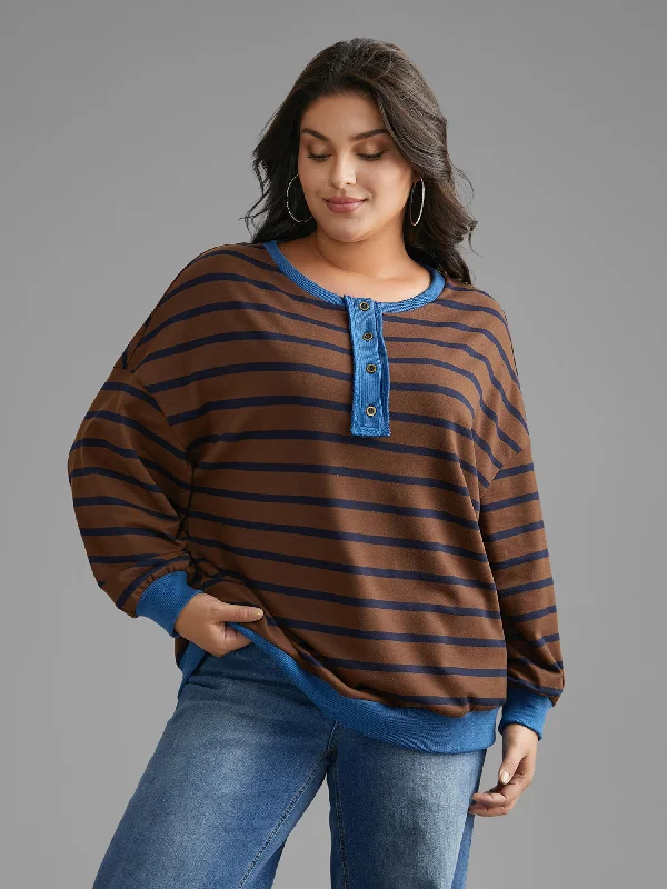 Layered SweatshirtsStriped Contrast Button Up Sweatshirt