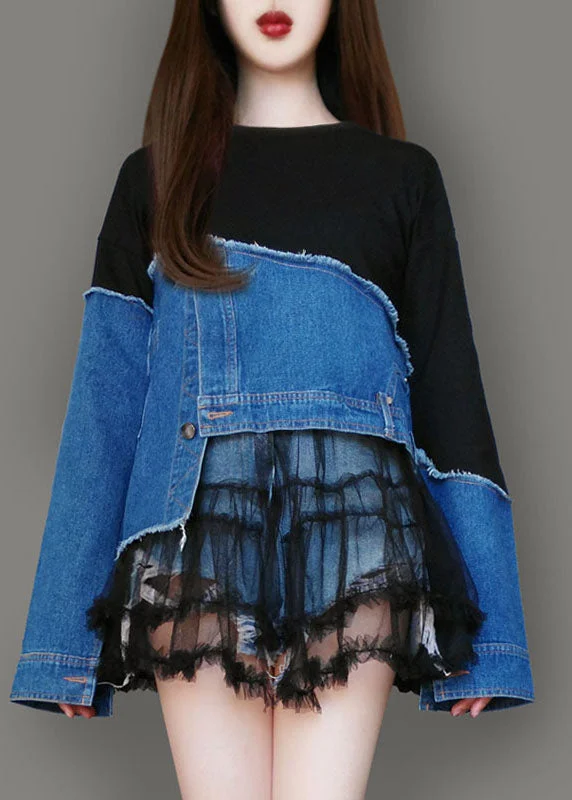 Fishing SweatshirtsStylish Colorblock Asymmetrical Denim Patchwork Cotton Sweatshirts Top Spring