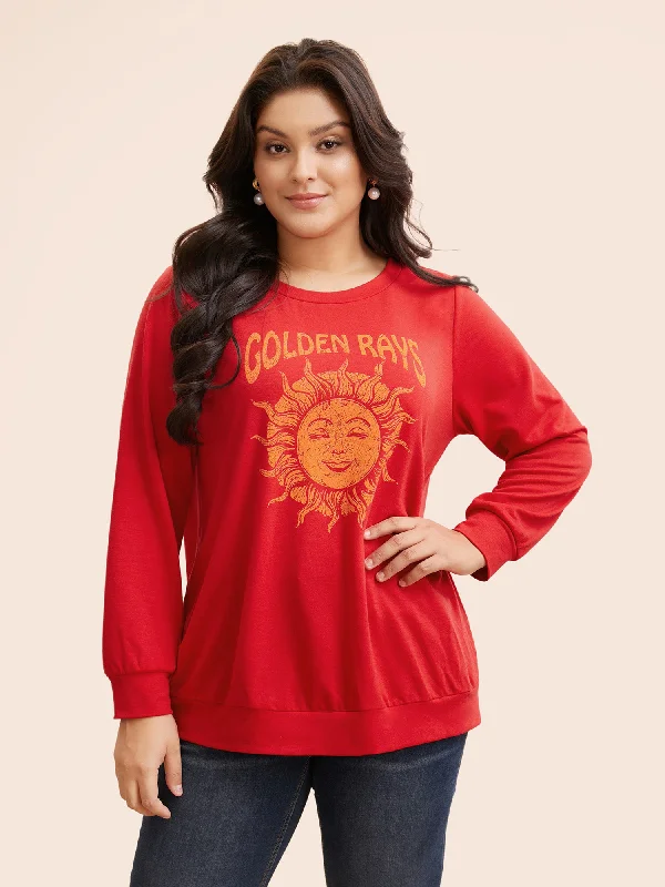 Mesh-Lined HoodiesSun Print Round Neck Sweatshirt