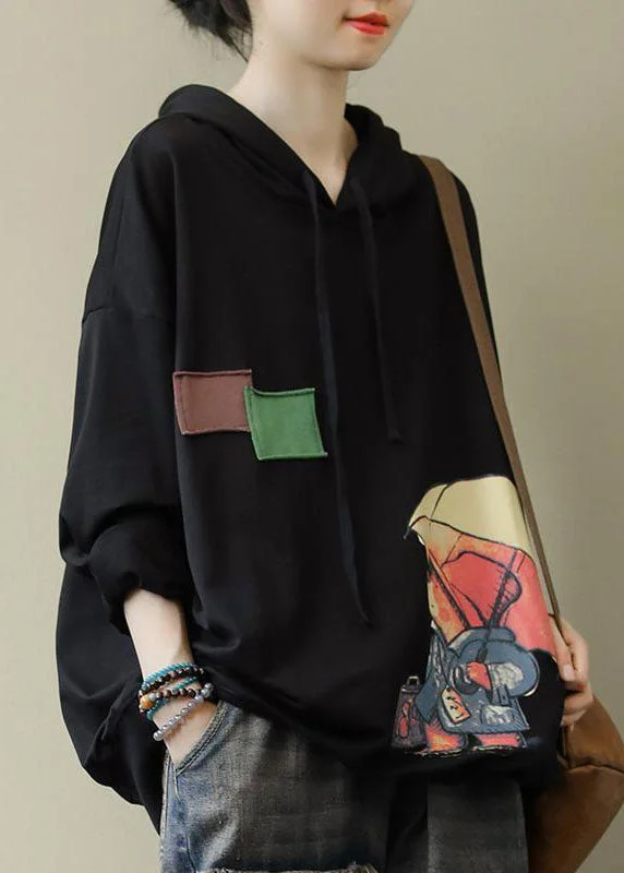 Fitted SweatshirtsWomen Black Hooded Cotton Sweatshirt Street wear Spring