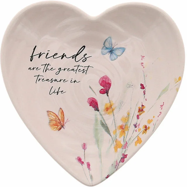 Meadows of Joy Butterfly Floral 4.5" Heart Keepsake Dish Friends are the Greatest Treasure in Life