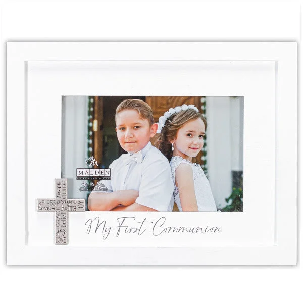 Malden My First Communion White Picture Frame with Silver Sentiment Cross Holds 4" x 6" Photo