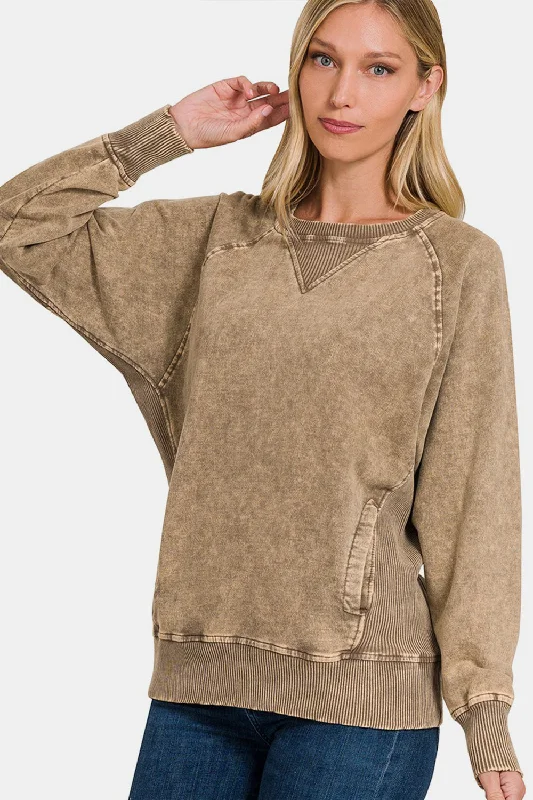 Leather-Paneled SweatshirtsPocketed Round Neck Sweatshirt