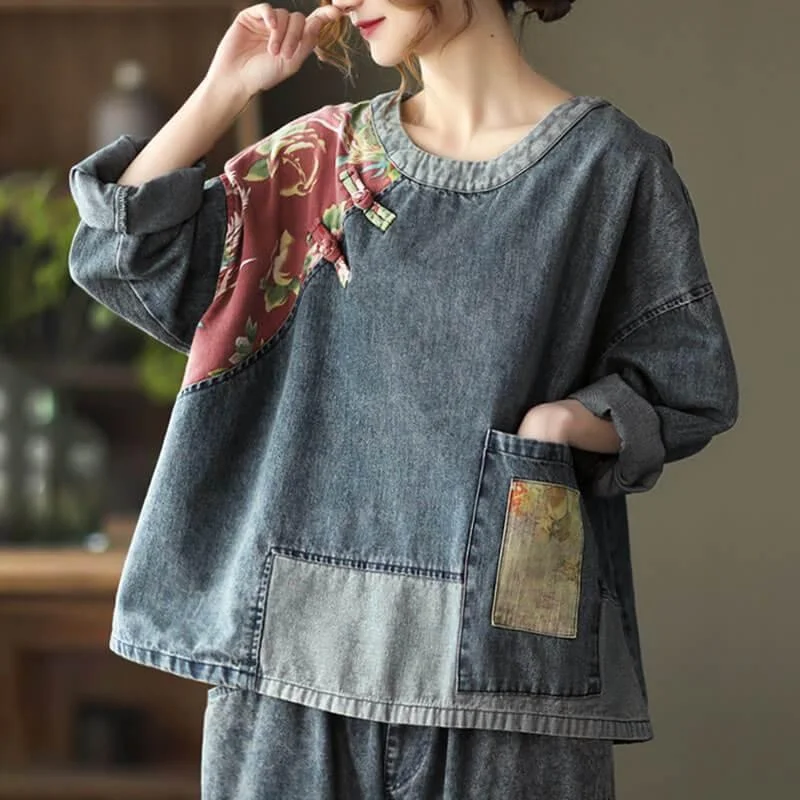 Bamboo Fiber SweatshirtsWomen Oversize Patchwork Denim Sweatshirt Top