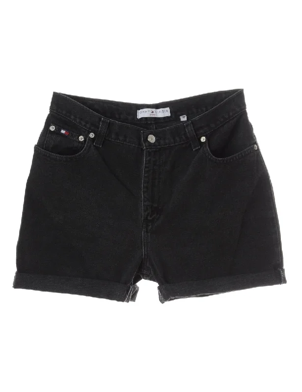 Fringed T-ShirtsLabel Rolled Hem Black Denim Shorts