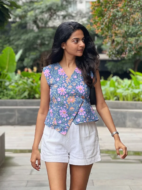 Blue Floral Block Printed Cotton Asymmetric Wrap Vest