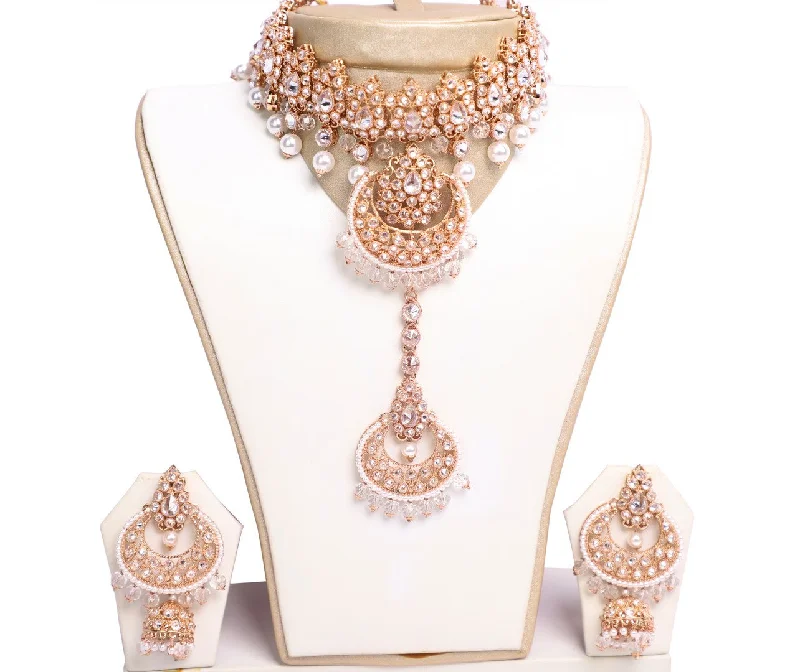 Stunning Glass Stones and White Pearls Necklace Set with Earrings and Tika- JW2045