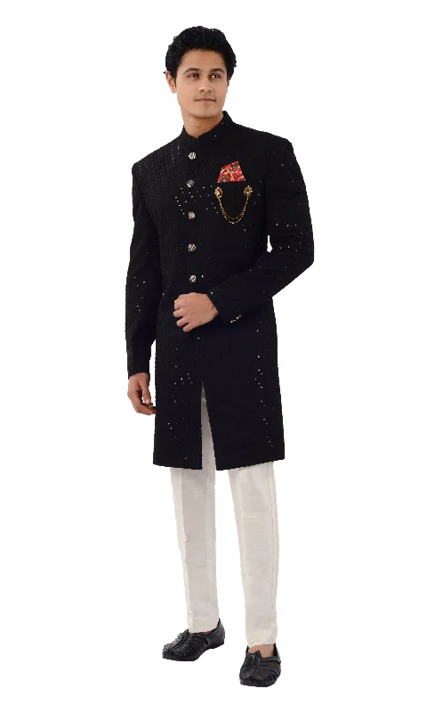 Stunning Black Designer Lucknowi Work Indo Western Sherwani Set-RK1236