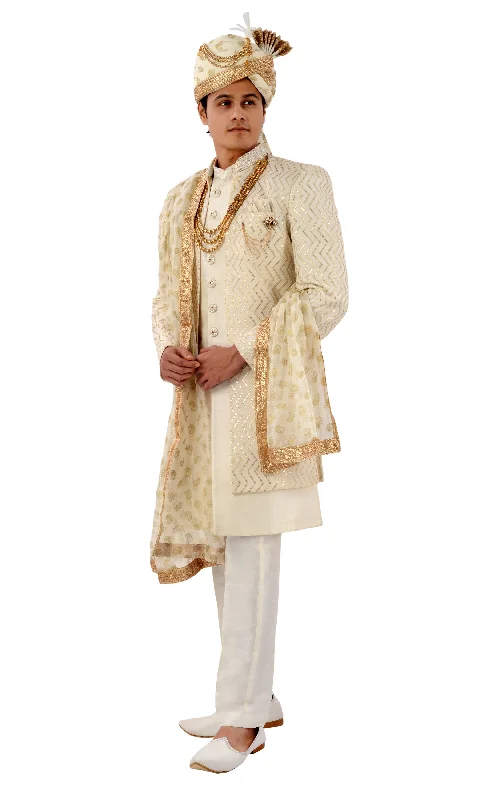 Aesthetic Cream And Gold Indo Western Sherwani Set-RK1228