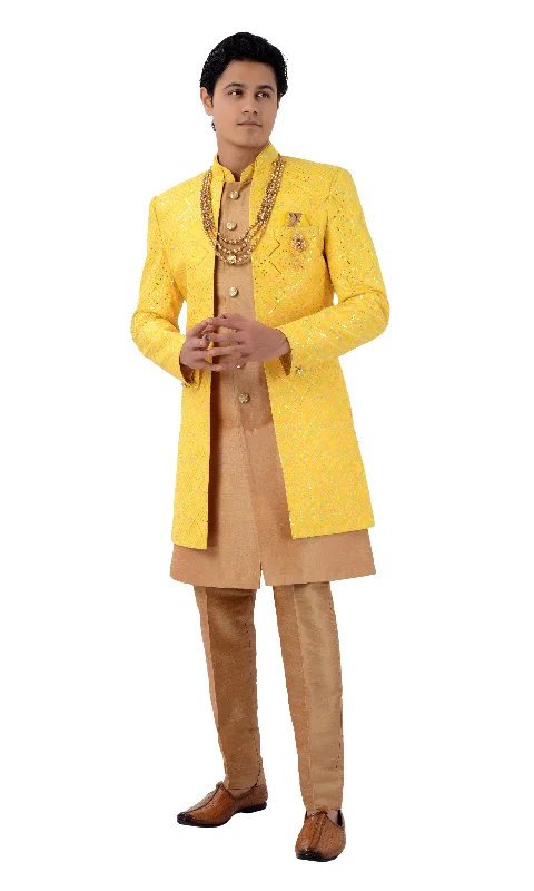 Mesmerizing Yellow And Gold Designer Indo Western Sherwani Set-RK1225