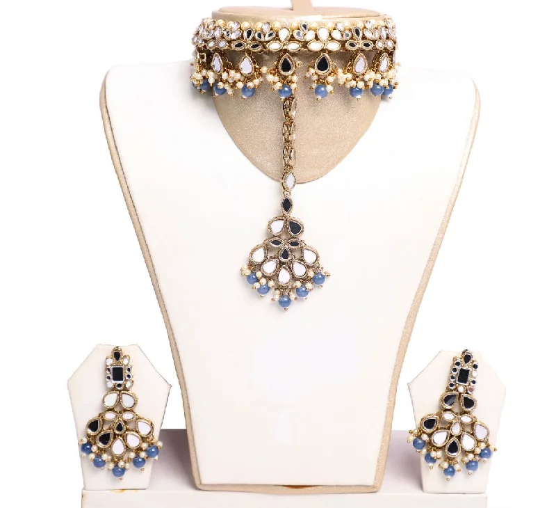 Grand Steel Blue Beaded Necklace Set with Earrings and Tika - JW2042