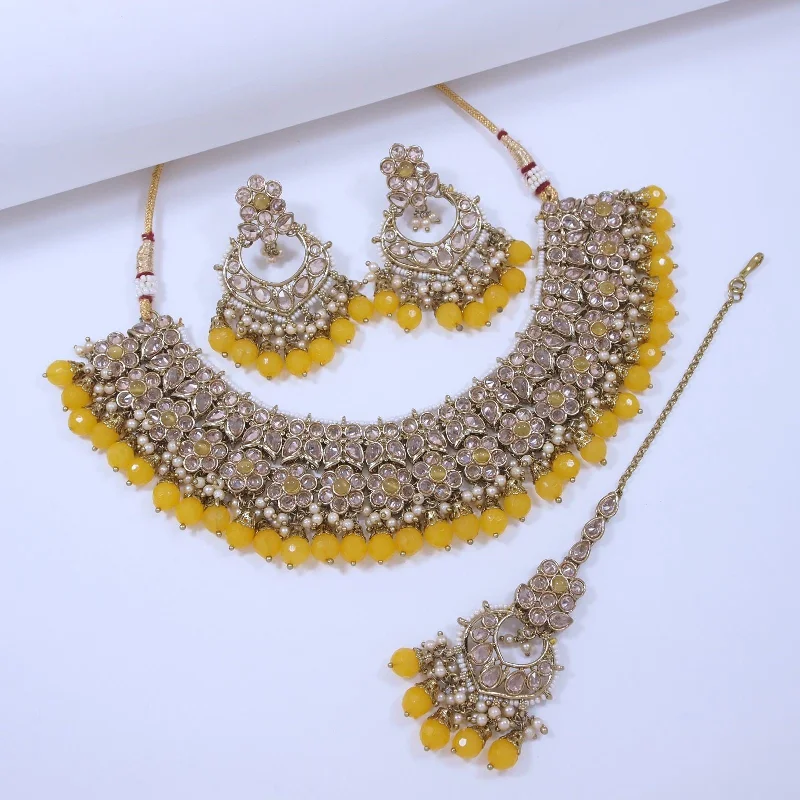 Sunflower Shine Yellow Beaded Gold Necklace Set-SNTDC-15