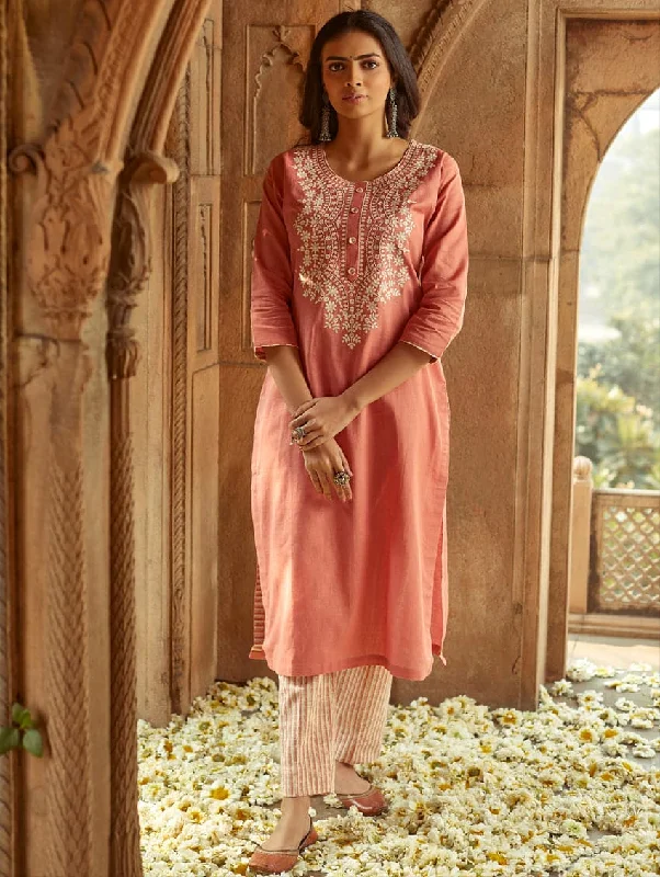 Embroidered Cotton Kurta Pants Set 3644