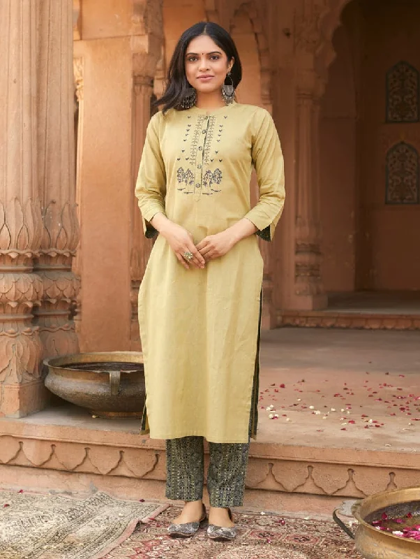 Embroidered Cotton Kurta Pants Set 3649