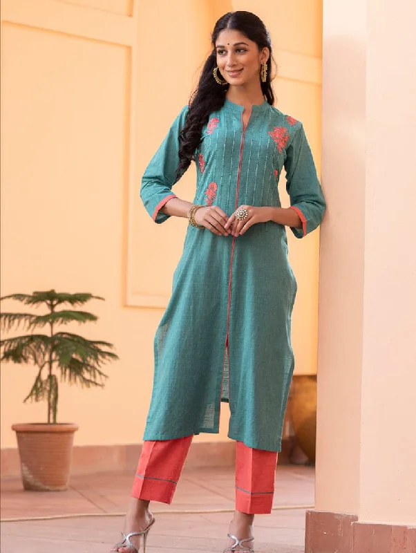 Embroidered Handloom Cotton Kurta Pants Set 3576