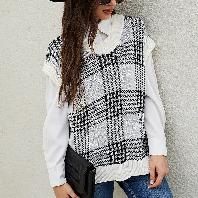 Knitting Gingham V-Neck Loose Sweater Wholesale Vest