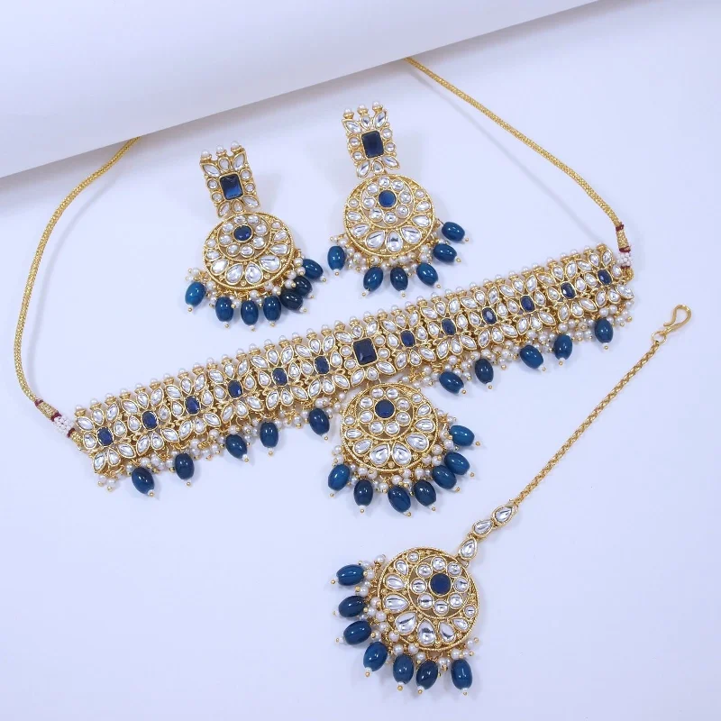 Royal Blue Grace Beaded Gold Choker  Set-SNTDC-22