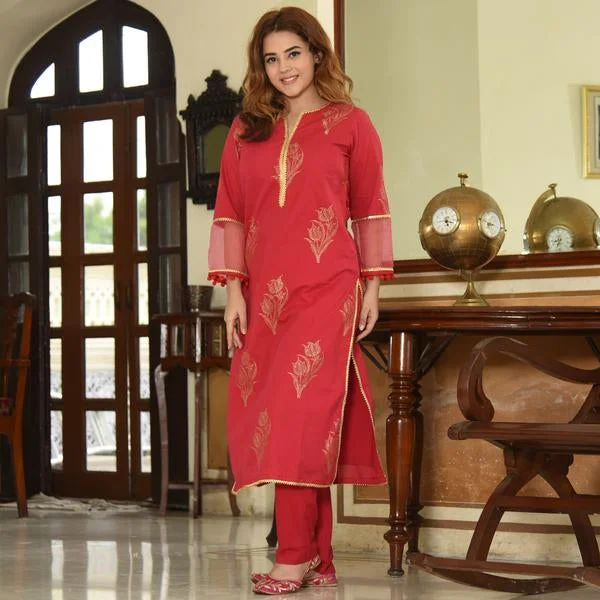 Red Doriya Sleeves Kurta Set