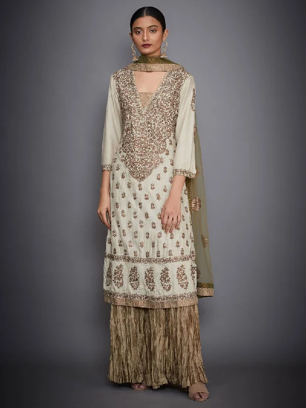 RI Ritu Kumar Beige & Khaki Green Embroidered Suit Set