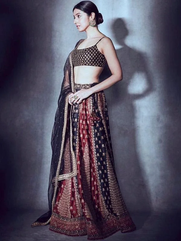 RI Ritu Kumar Black & Burgundy Embroidered Lehenga Set