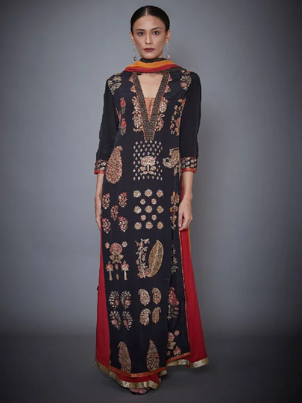 RI Ritu Kumar Black & Burgundy Embroidered Suit Set