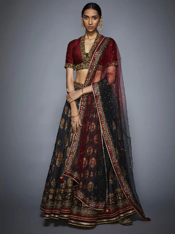 RI Ritu Kumar Black & Burgundy Floral Lehenga Set