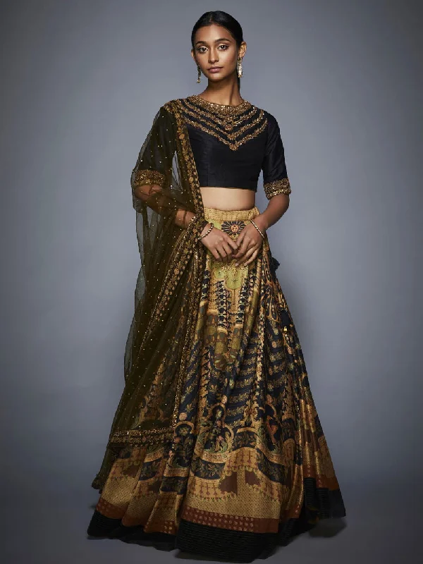 RI Ritu Kumar Black & Olive Green Zardozi Lehenga Set