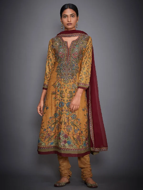 RI Ritu Kumar Mustard Yellow & Burgundy Embroidered Suit Set