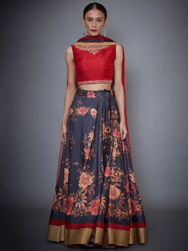 RI Ritu Kumar Red & Black Floral Print Lehenga Set