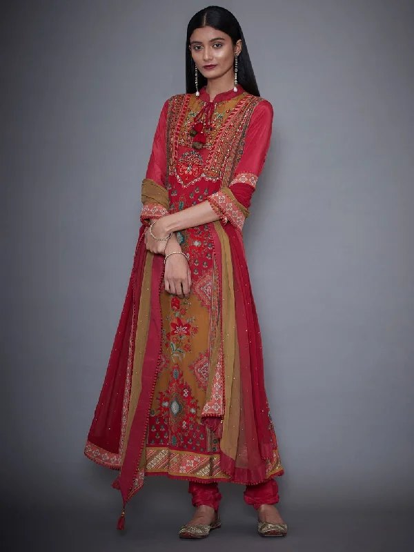 RI Ritu Kumar Red & Olive Printed Crepe Suit Set