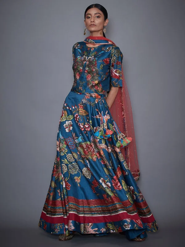 RI Ritu Kumar Teal Floral Print Lehenga Set