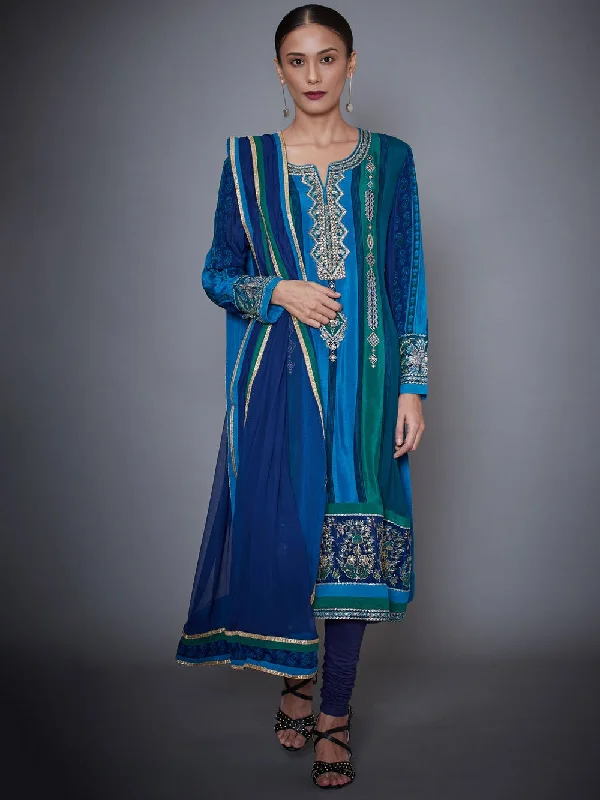 RI Ritu Kumar Turquoise & Royal Blue Embroidered Silk Chinon Suit Set