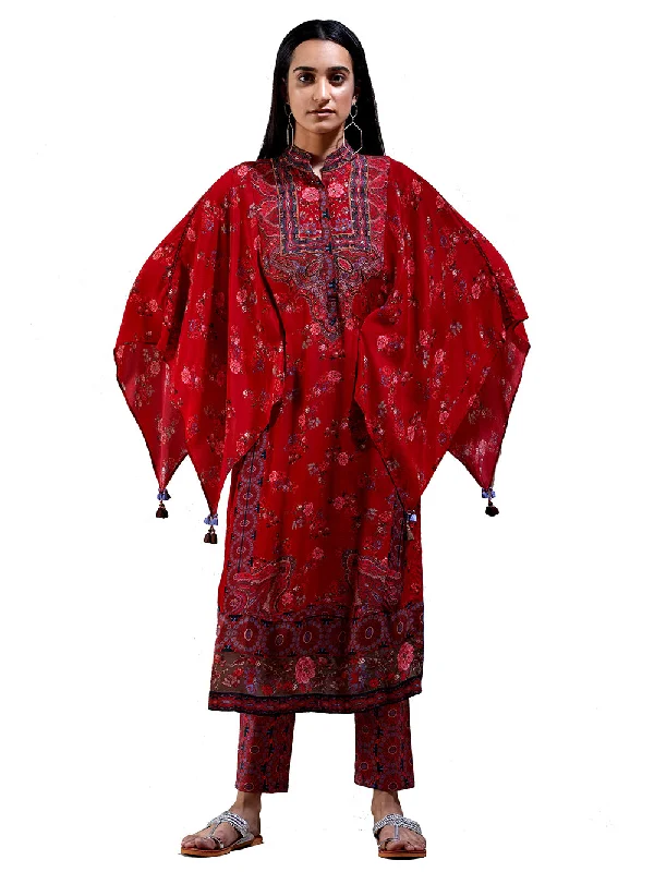 Ritu Kumar Cherry Red Floral Print Suit Set