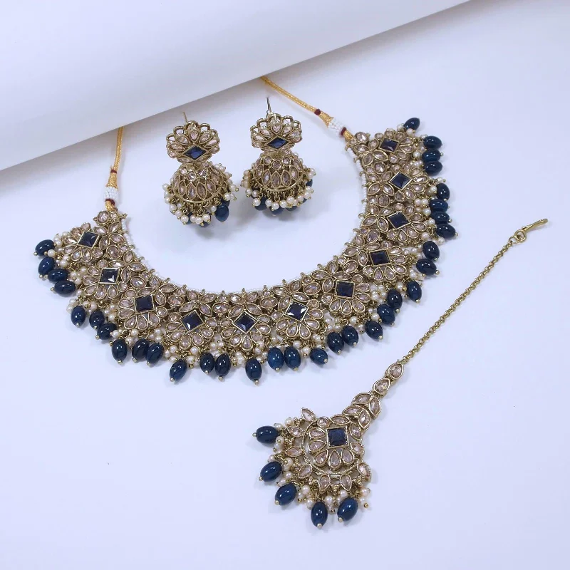 Nautical Nights Blue Beads Choker Set With Earrings and Tika-SNTDC-28