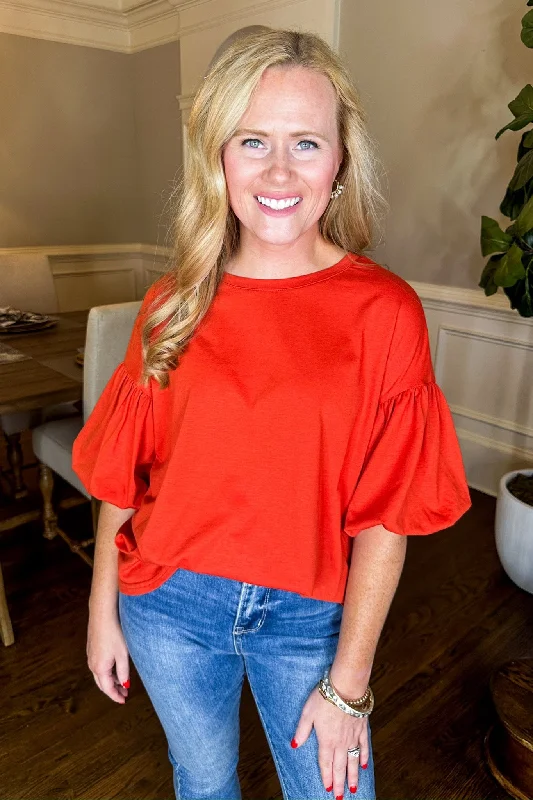 Sunset Orange Drop Bubble Sleeve Staple Top