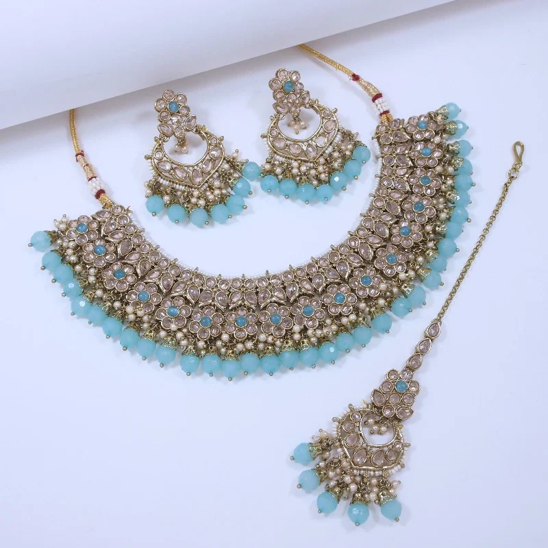 Nautical Splendor Sea Blue Bead Necklace and Tika Set with Earrings-SNTDC-12