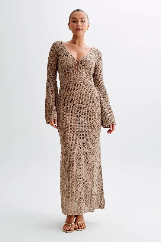 Tennis DressKayleigh Crochet Fishtail Flare Sleeve Maxi Dress - Taupe