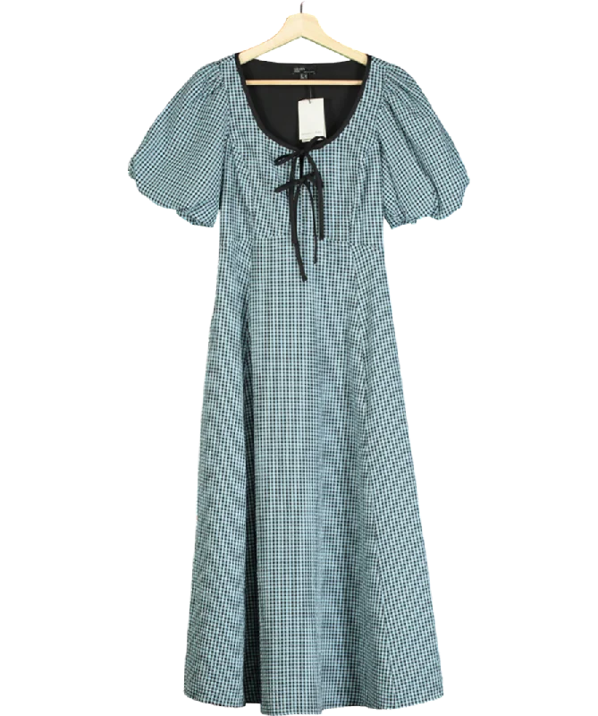 Shift DressNobody's Child Blue Gingham Print Puff Sleeve Midi Dress UK 4