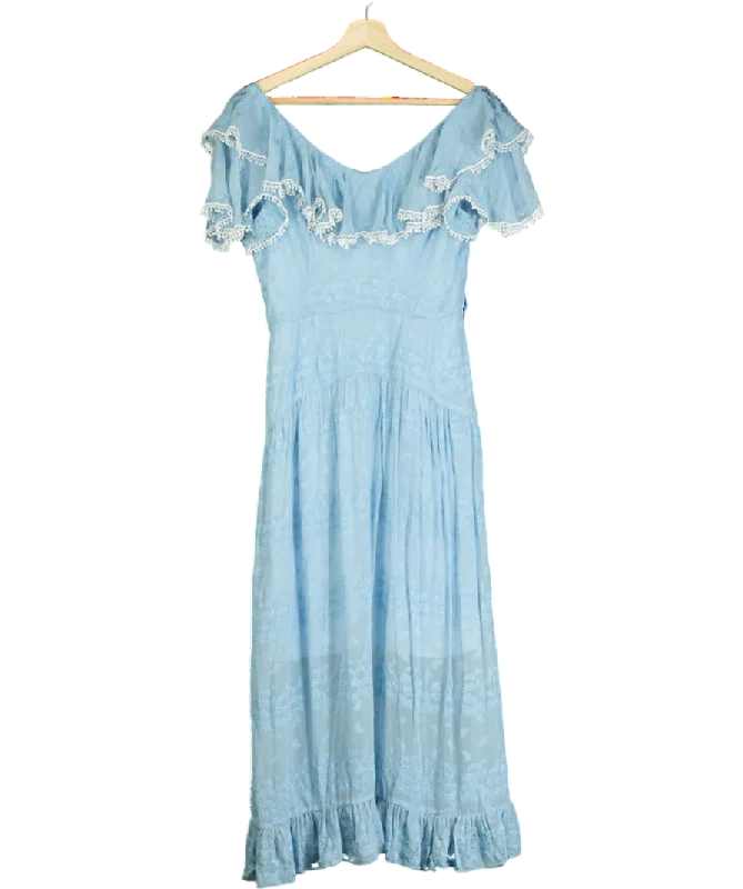 A-line DressPerseverance London Blue Broderie Trim Floral Midi Dress UK 8