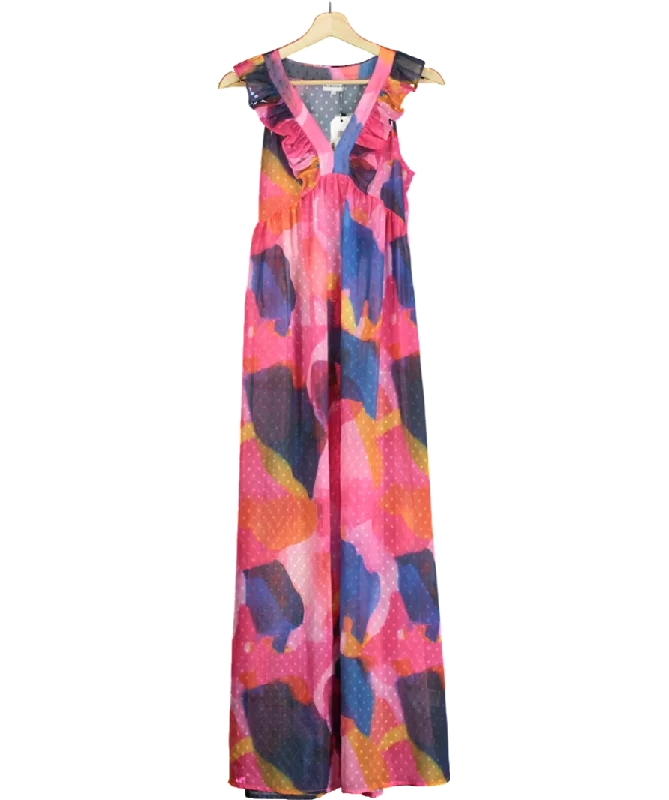 High-visibility DressPia Rossini Multicoloured Fuchsia Maxi Dress With Tropical Abstract Print And Ruffle Detail UK S