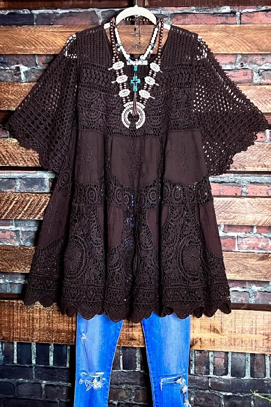 TunicTopCrestA FAIRYTALE PRETTY UNIQUE 100% COTTON CROCHET LACE TUNIC IN BROWN