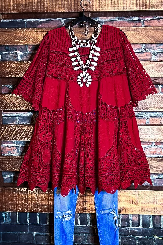 TunicTopCrystalA FAIRYTALE PRETTY UNIQUE 100% COTTON CROCHET LACE TUNIC IN RED