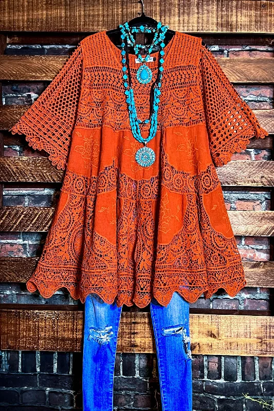 TunicTopValkyrieA FAIRYTALE PRETTY UNIQUE 100% COTTON CROCHET LACE TUNIC - RUST